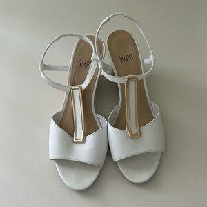 White & gold embellished braided wedge strappy heels